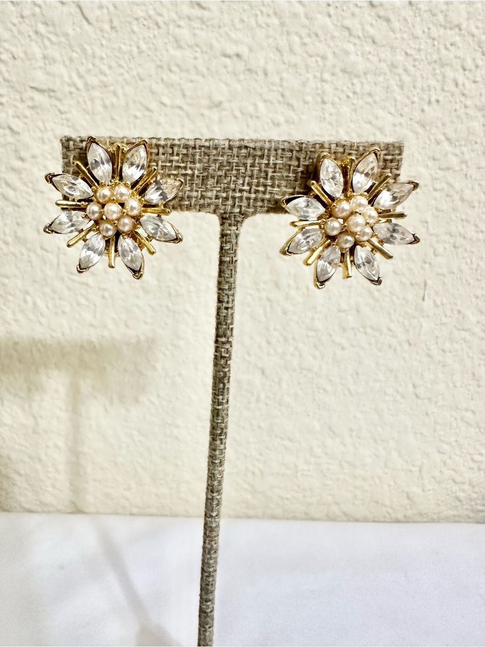 Vintage Gold Pearl and Crystal Flower Stud Earrings - Clips